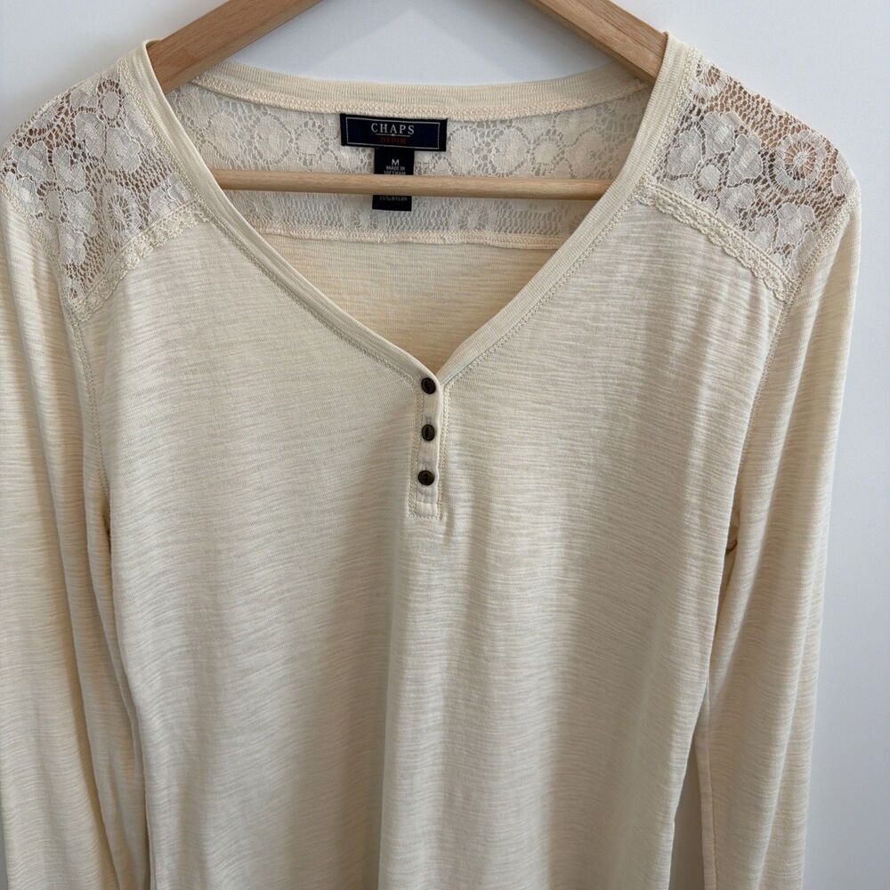 Chaps Womens M Henley Shirt Ivory Lace Trim Western Boho Soft Girl Cottage Rodeo - Picture 8 of 16